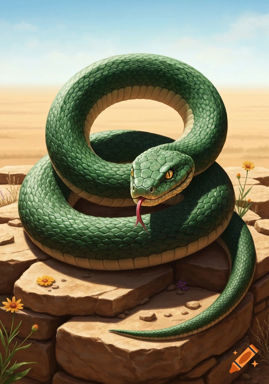A detailed green snake with yellow eyes and a red tongue coiled on tan rocks with small yellow flowers in a desert landscape.