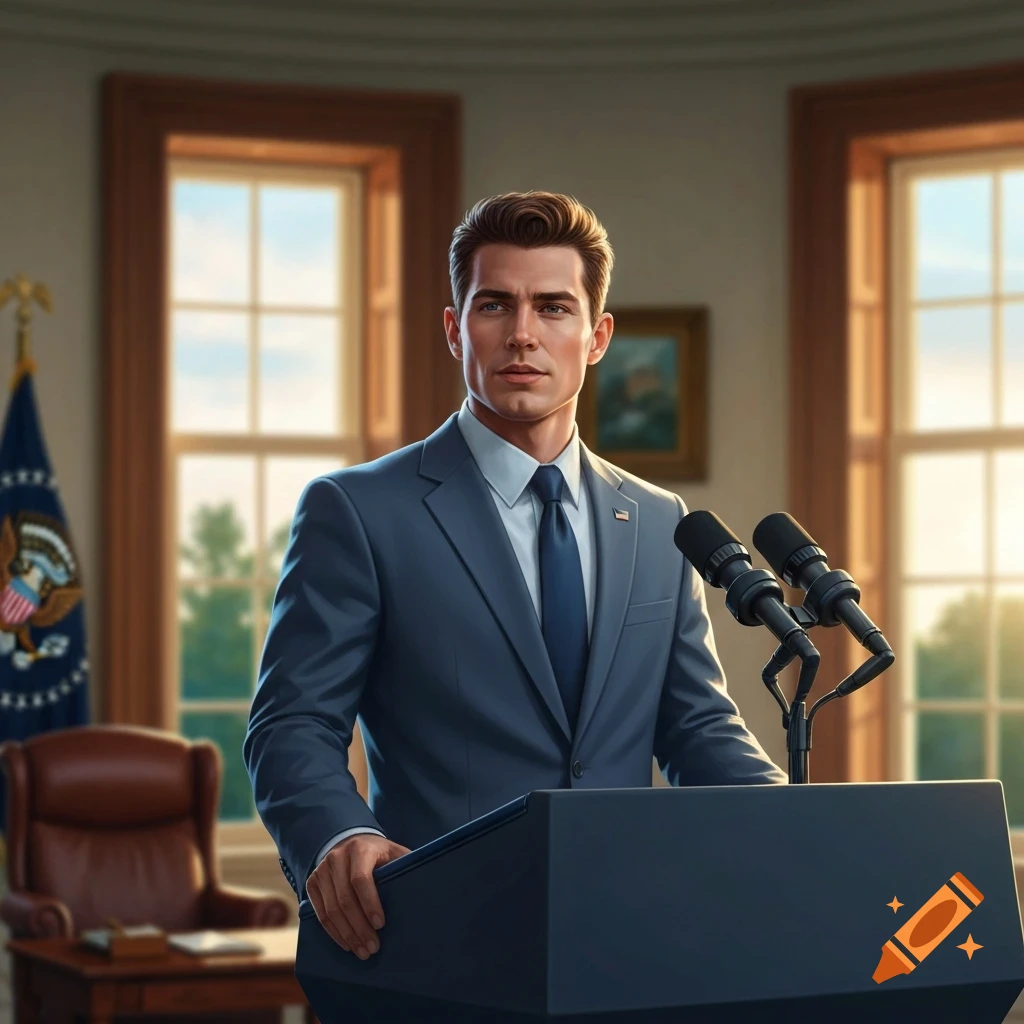 A well-groomed man in a blue suit stands behind a podium with microphones, an American flag visible in a formal room with windows.