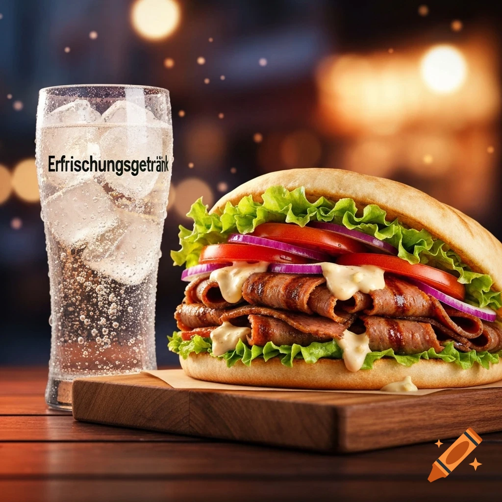 Photorealistic image of a Döner Kebab sandwich with meat, lettuce, tomatoes, onions, and sauce, next to a tall glass of ice-cold soda with text on it, all on a wooden table.