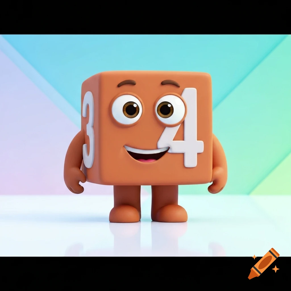 A friendly, orange cartoon number block character with big eyes and a smile, featuring a white number 3 on its left side and a 4 on its front, standing against a colorful pastel background.
