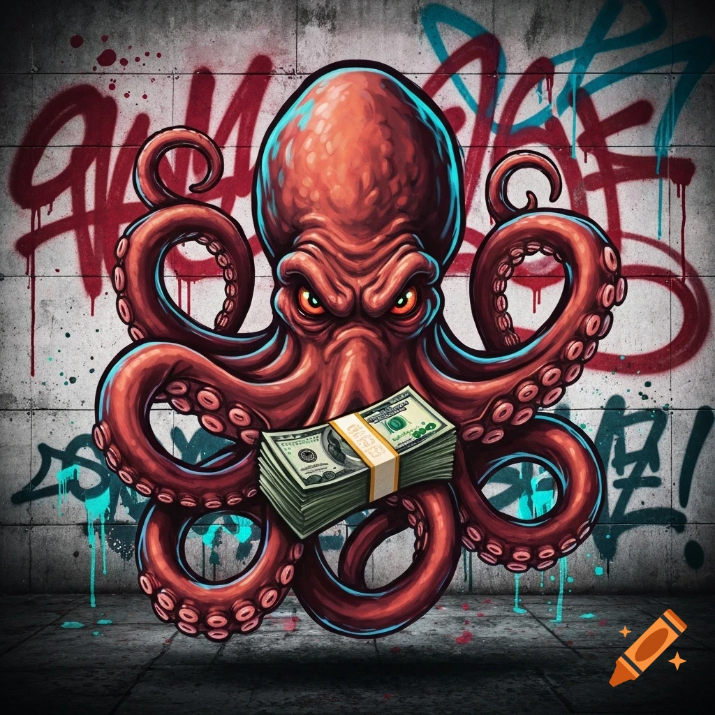 A stylized graffiti illustration of an angry red octopus holding stacks of money against a distressed wall with colorful graffiti.