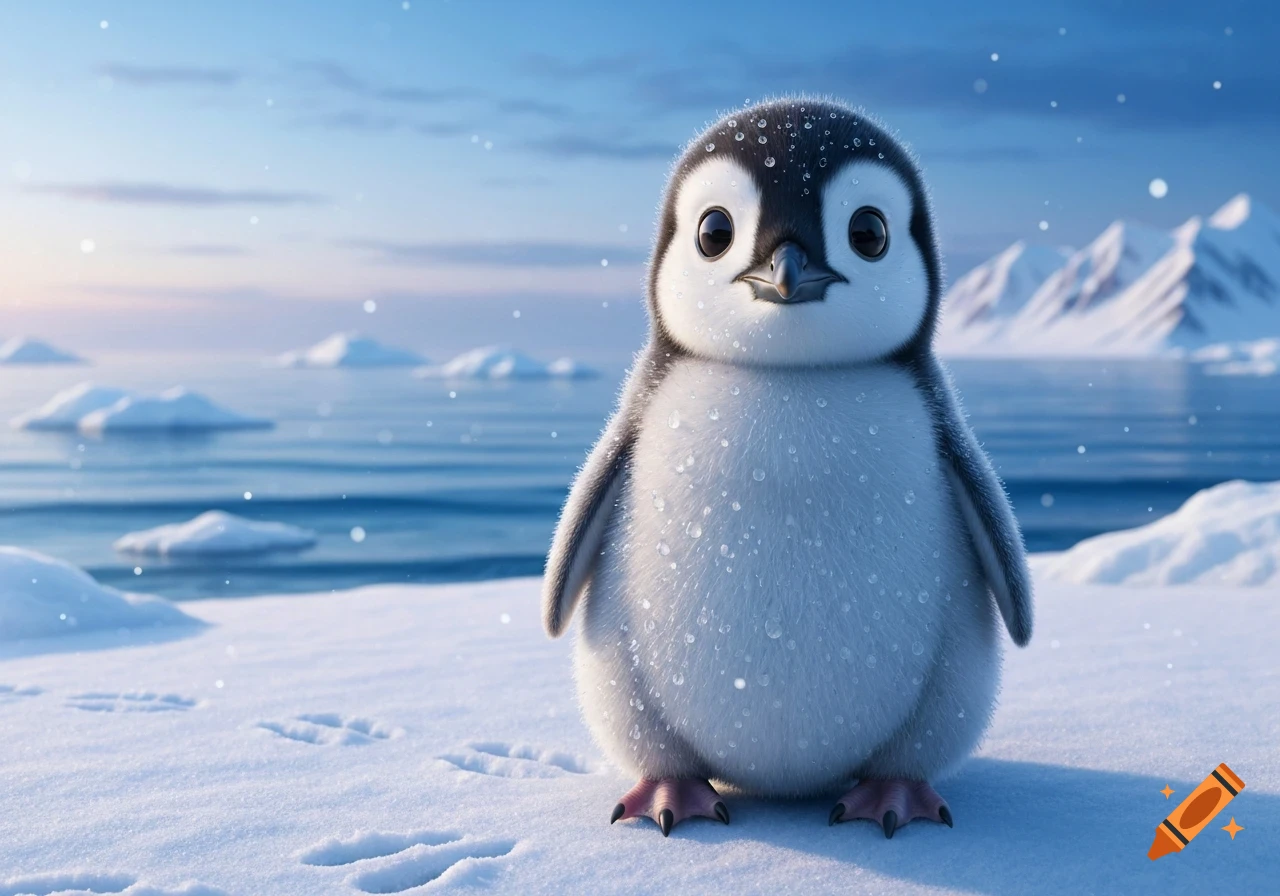 A cute, fluffy baby penguin with water droplets on its fur stands on a snowy shore with icebergs and mountains.