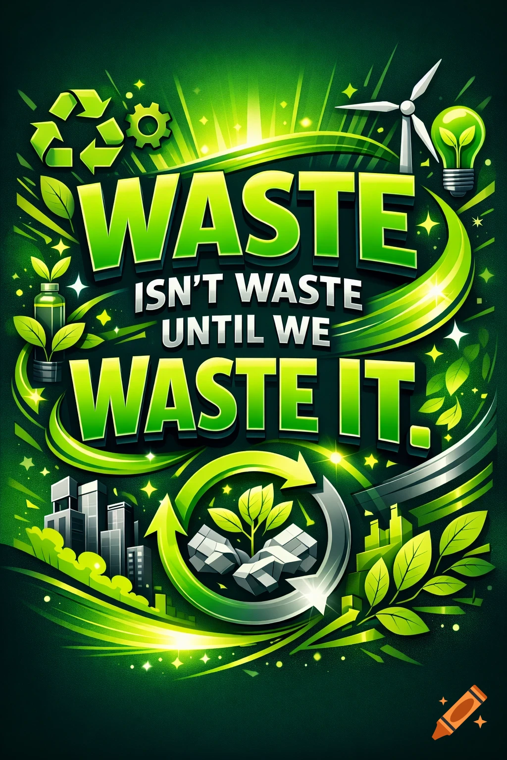 Vibrant green graphic poster with a recycling theme, featuring the slogan 'WASTE ISN'T WASTE UNTIL WE WASTE IT' surrounded by environmental symbols.