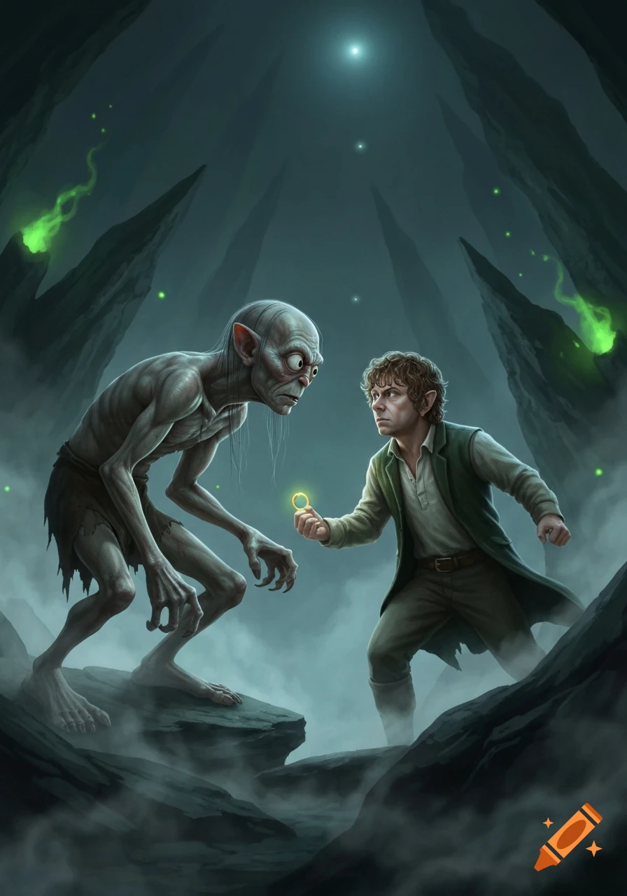 Bilbo Baggins holds up the glowing One Ring to a gaunt, wide-eyed Gollum in a dark, misty cave with green light.