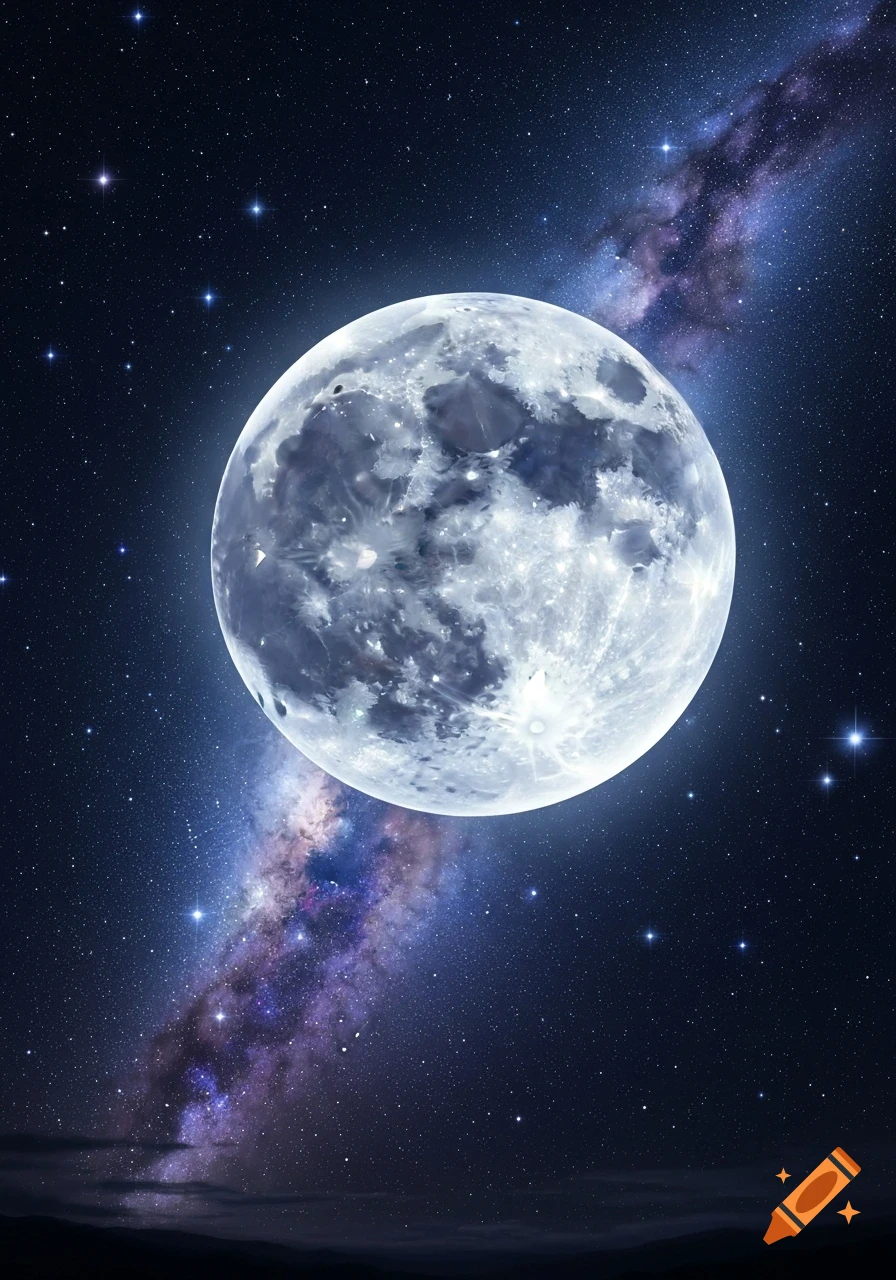 A bright full moon dominates a star-filled night sky with a vibrant Milky Way galaxy streaking behind it.