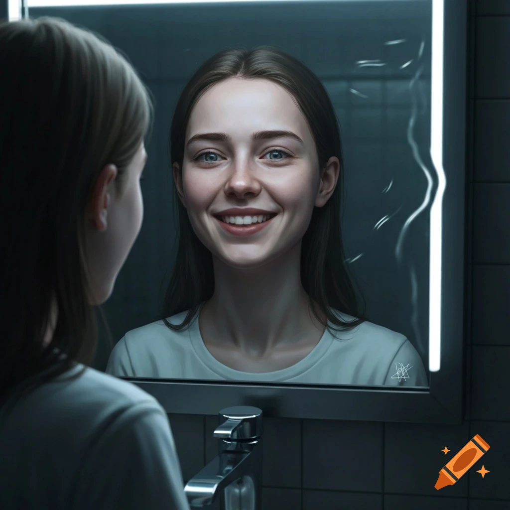 Young woman looks at her smiling reflection in a mirror in a dark bathroom, creating a surreal effect.