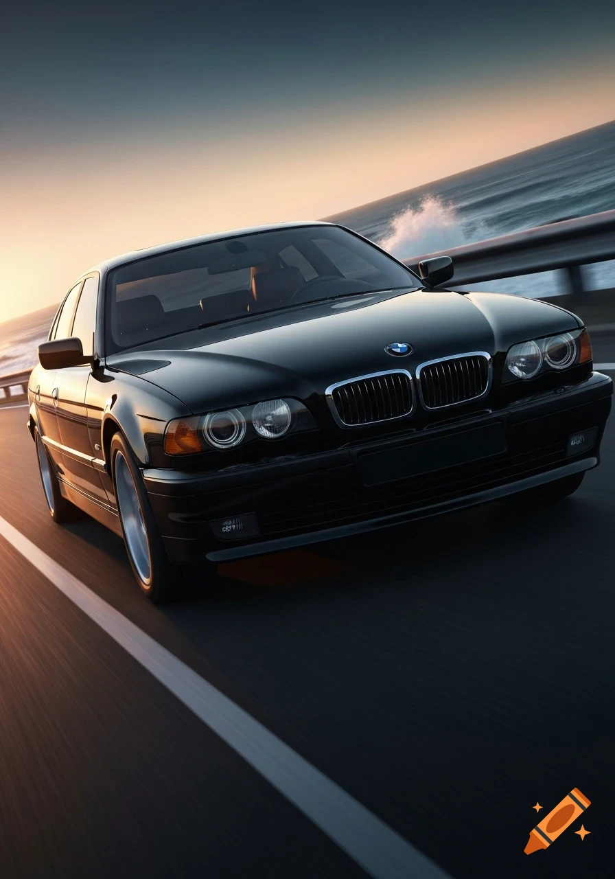 A black BMW E38 740i driving on a coastal highway at sunset, with ocean waves visible in the background.