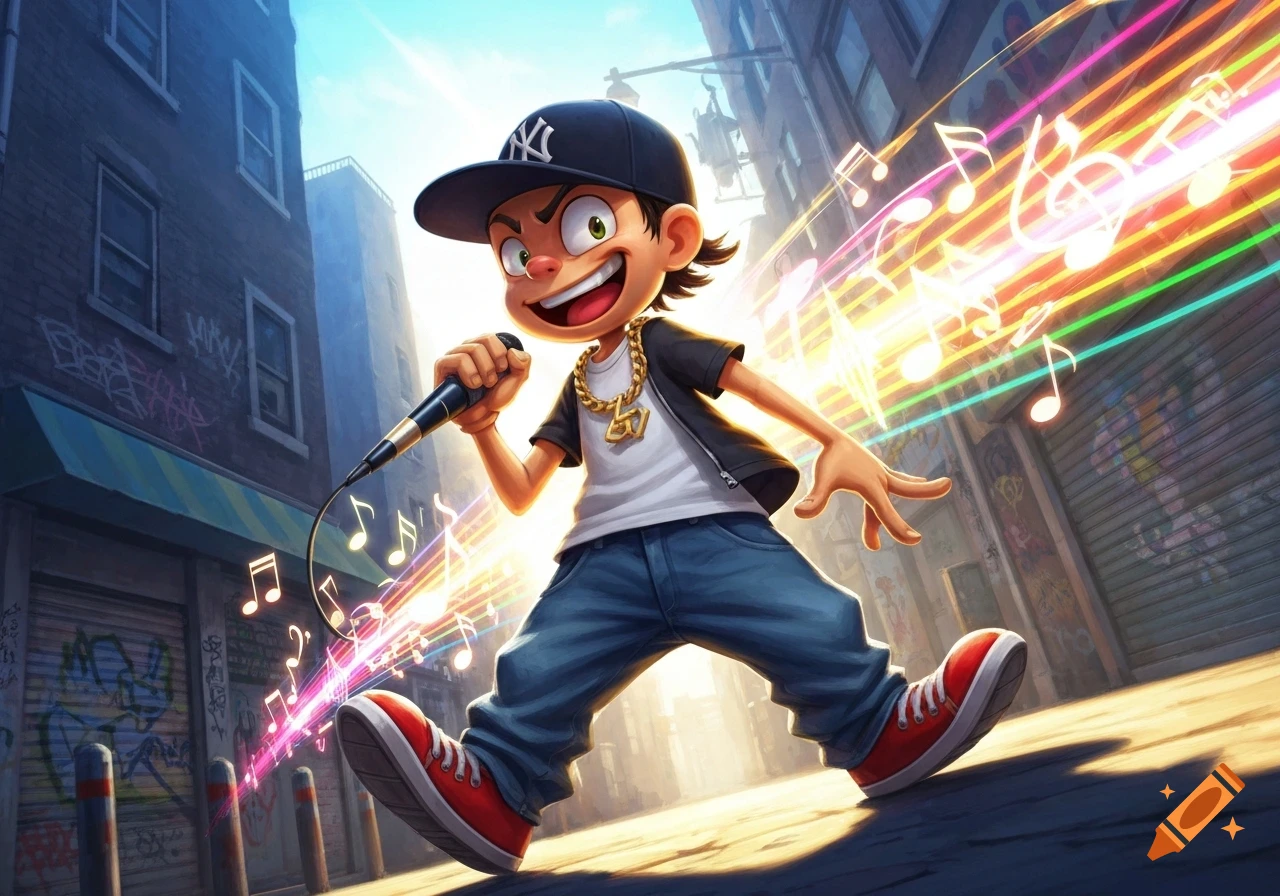 Cartoon boy in a baseball cap and gold chain raps into a microphone on a city street, with colorful musical notes emanating.