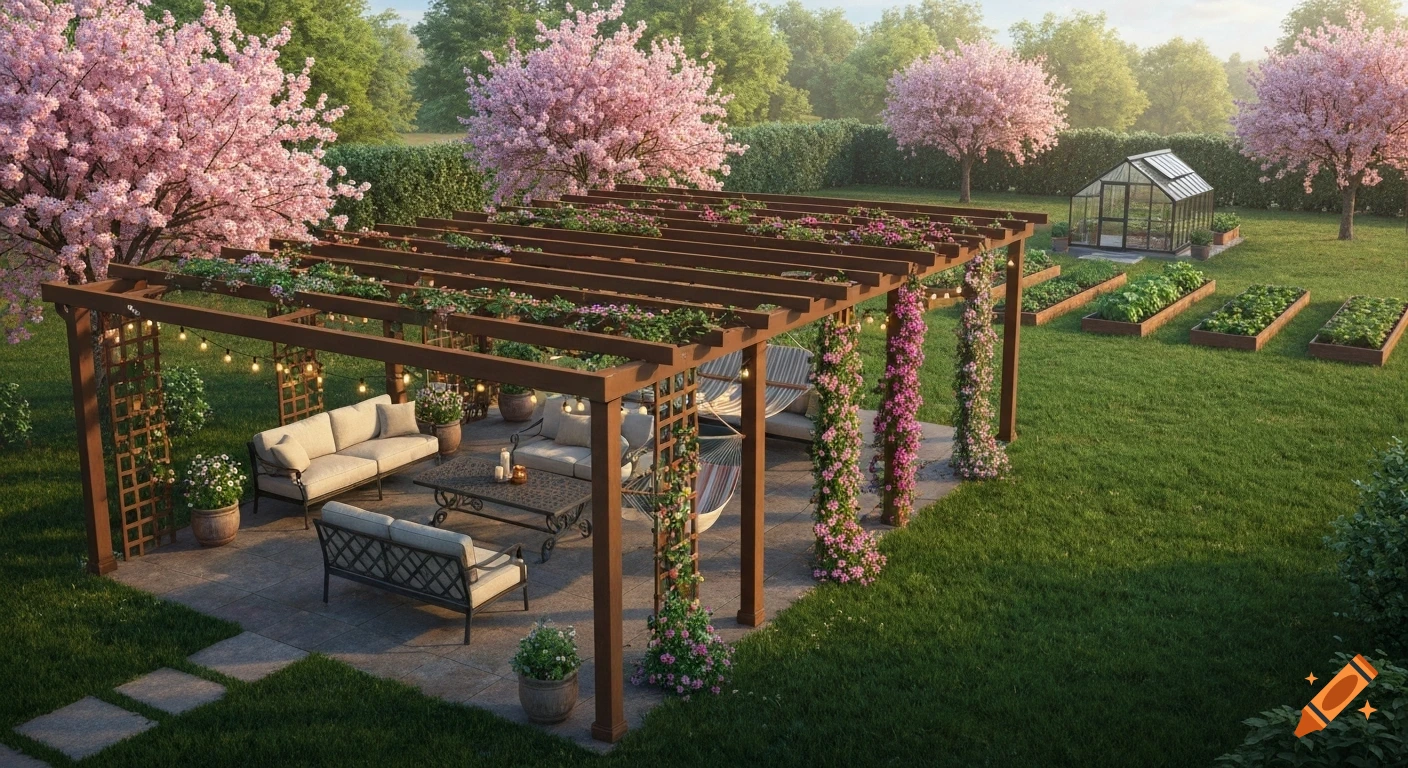 A lush backyard with a wooden pergola, outdoor furniture, string lights, and flowering vines. A greenhouse, raised garden beds, and pink cherry trees are visible in the distance.