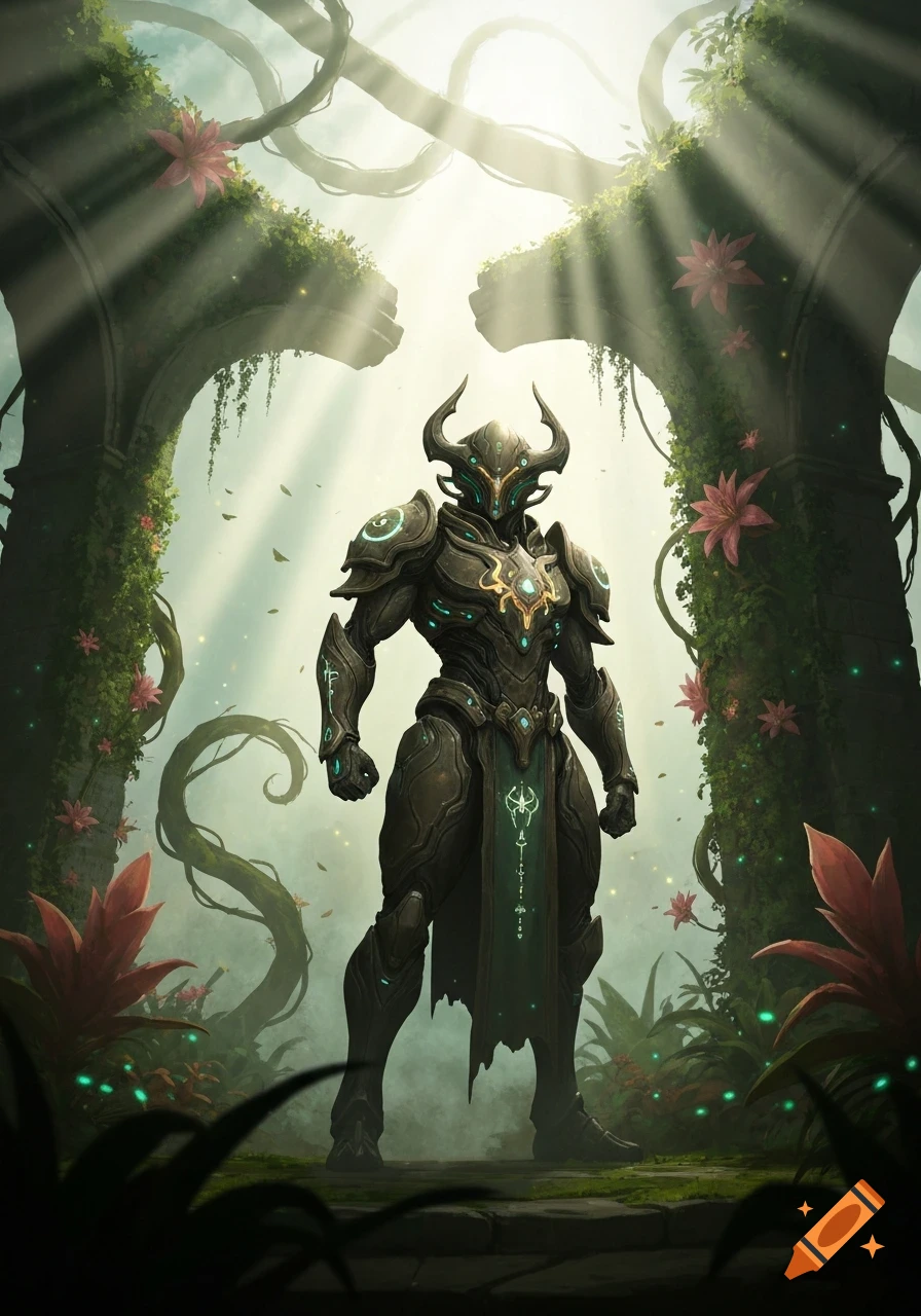 An armored, horned warrior stands in ancient, overgrown ruins with glowing plants and sun rays.