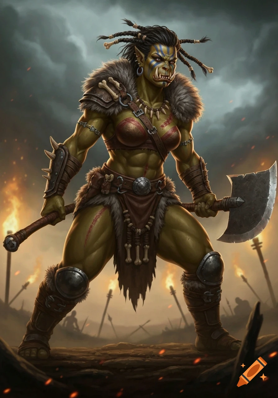 A muscular female orc warrior with green skin, braided hair, and tribal markings, holding a large axe in a fiery battleground, digital art.