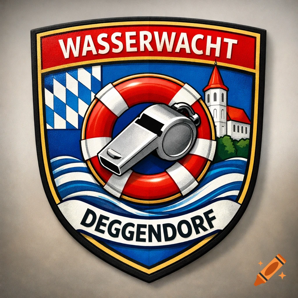 A shield badge with 'WASSERWACHT' and 'DEGGENDORF' text, depicting a lifebuoy, whistle, church, and blue and white checkered pattern.