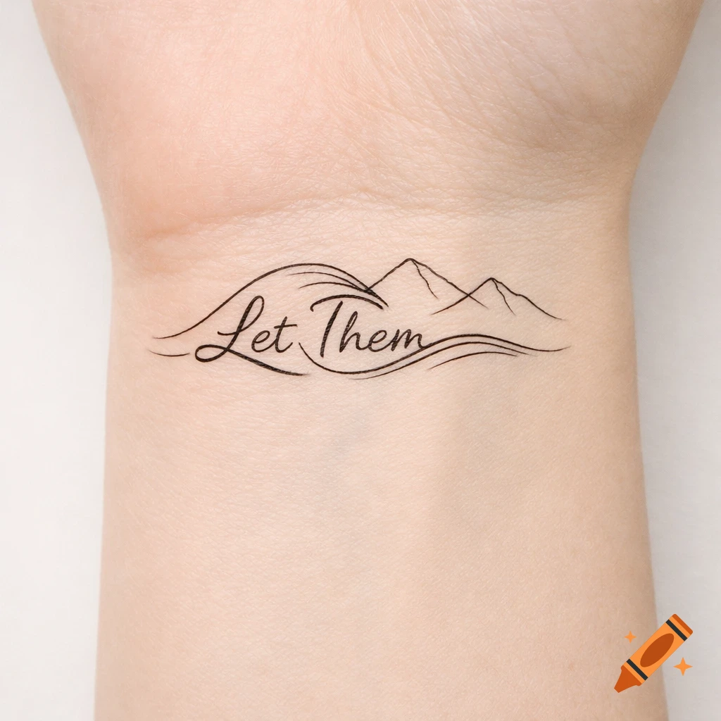 A minimalist black ink tattoo on a wrist featuring the text 'Let Them' shaped as an ocean wave with simple line-art mountains.