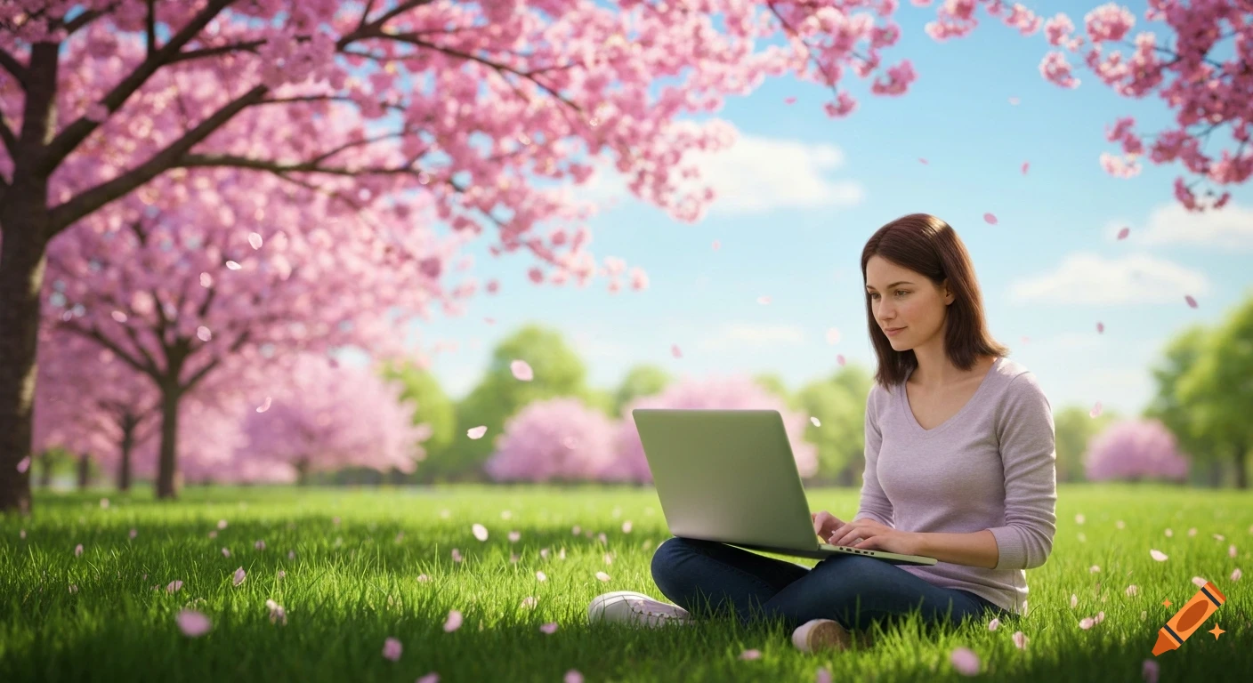 A woman sits on green grass under blooming cherry blossom trees, working on a laptop in a sunny park.