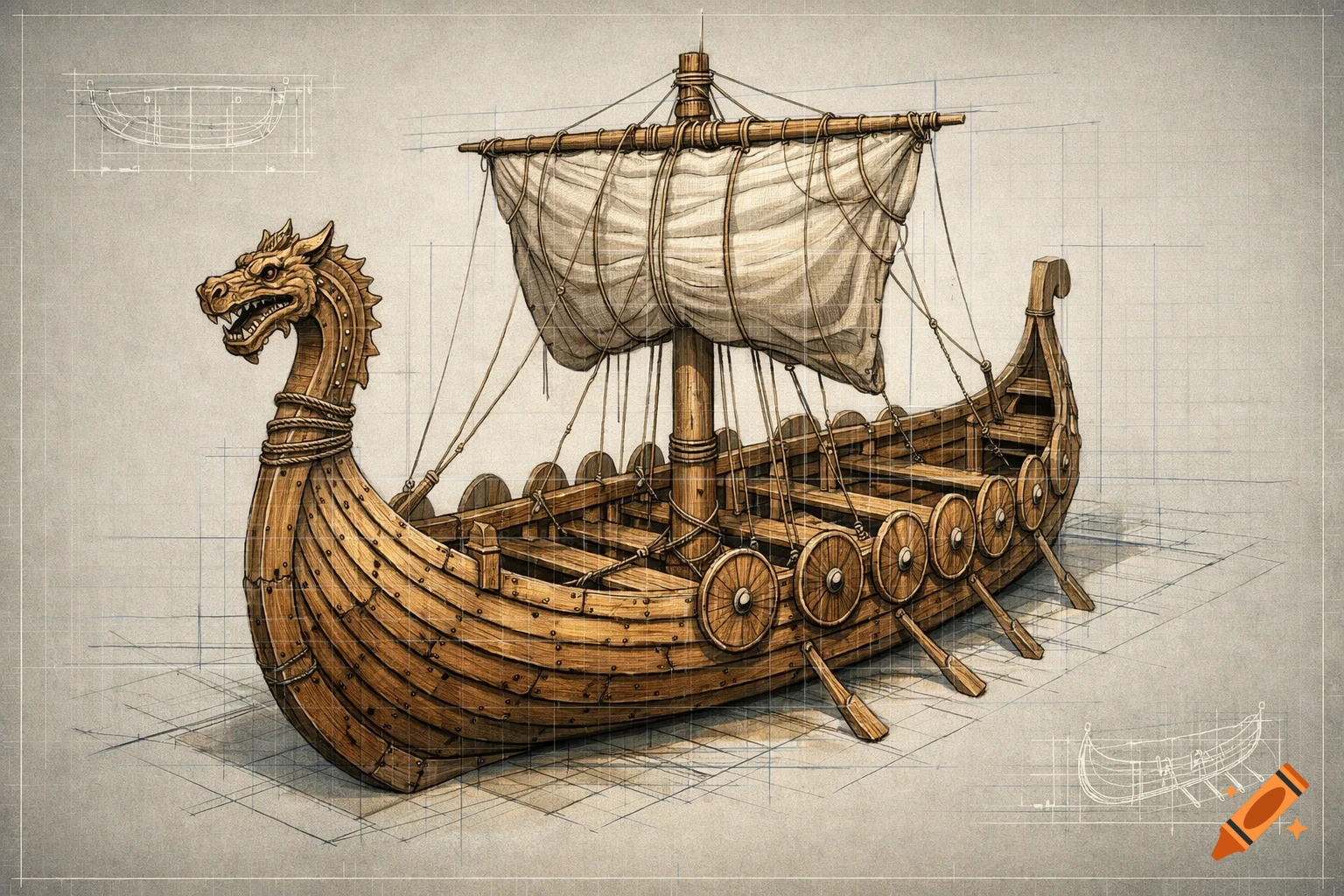 Detailed blueprint illustration of a wooden Viking longship with a dragon head prow and sail on a grid background.