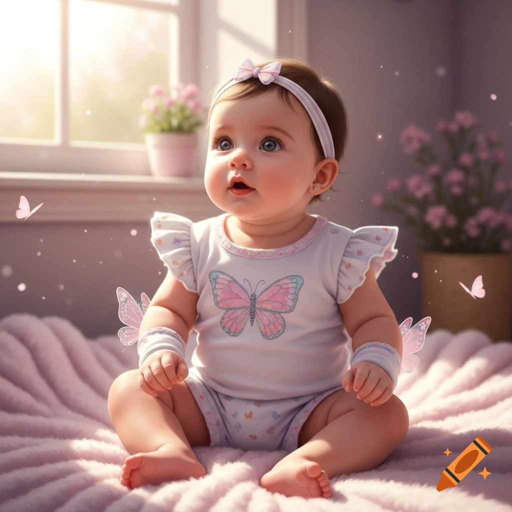 Photorealistic image of an adorable 8-month-old baby girl in a white butterfly-themed outfit, sitting on a pink blanket.