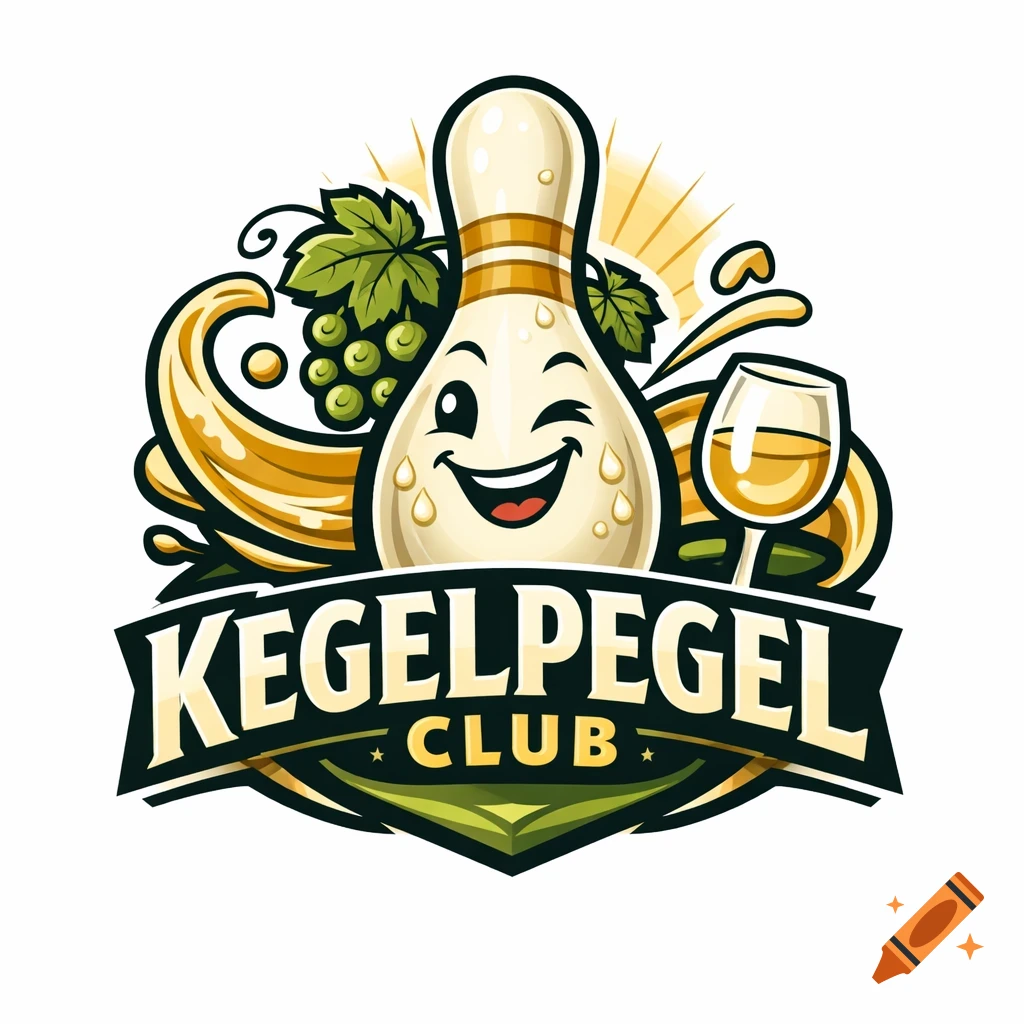 A cartoon logo features a winking bowling pin with grapes and a wine glass, with the text "KEGELPEGEL CLUB" on a banner.
