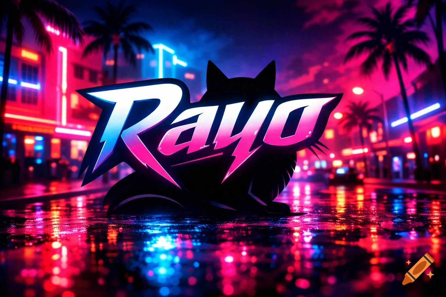 A neon-lit logo with the word 'Rayo' and a cat silhouette in a vibrant Miami nights cityscape.