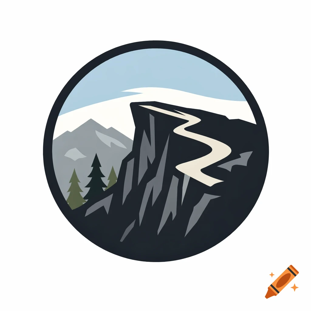 Minimalist circular logo depicting a winding trail on a mountain ridge with trees against a sky background.