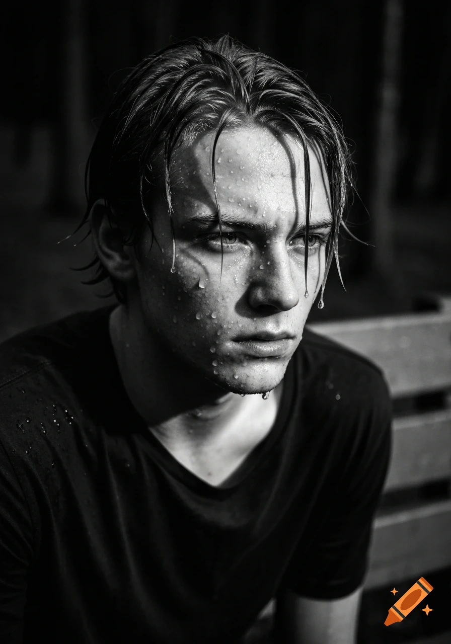 Dramatic black and white portrait of a wet young man with strong lighting and water droplets on his face and hair.