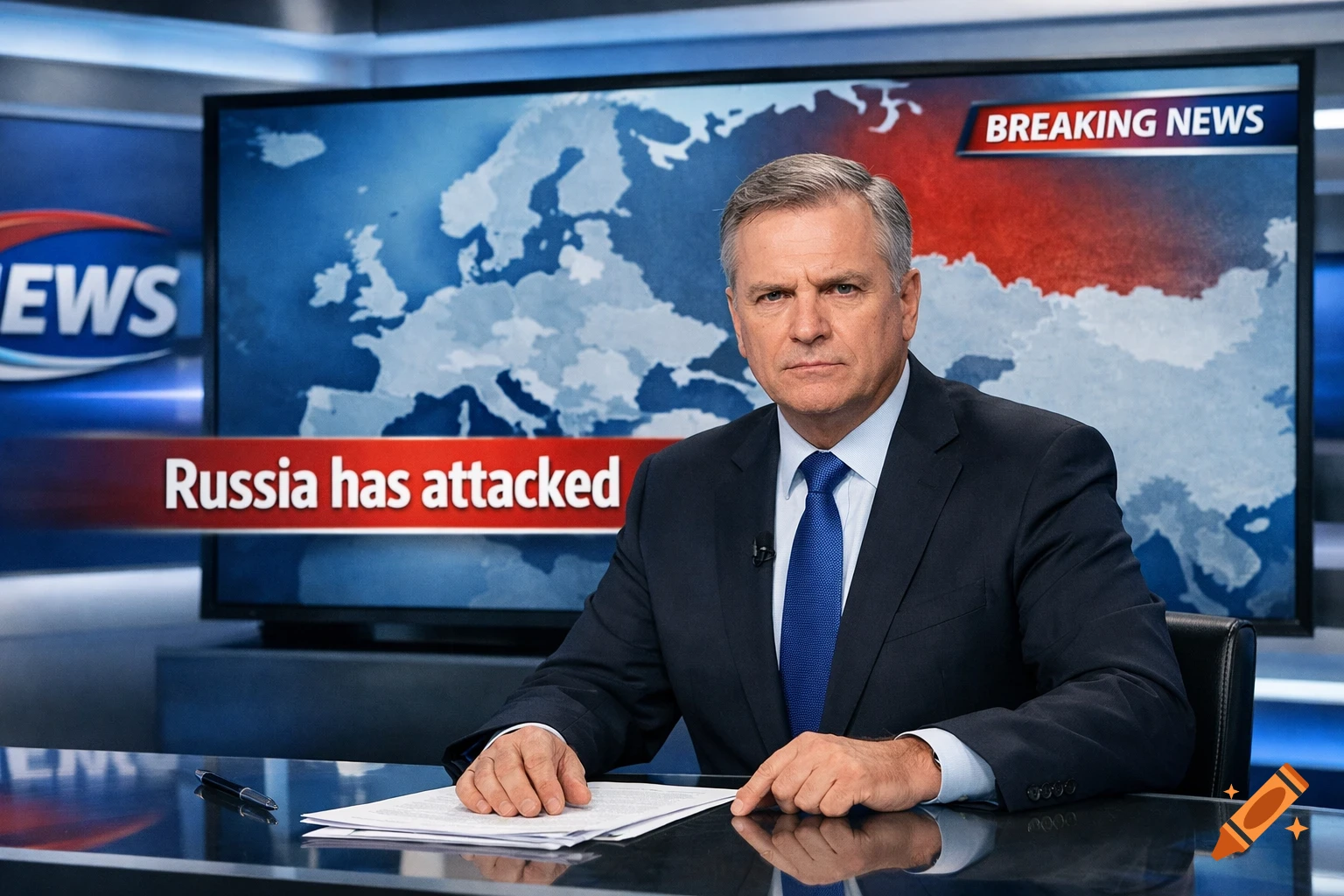 A serious news anchor in a suit and tie sits at a desk in a news studio, with a large screen behind him showing a map of Europe and the headline 'BREAKING NEWS Russia has attacked'.
