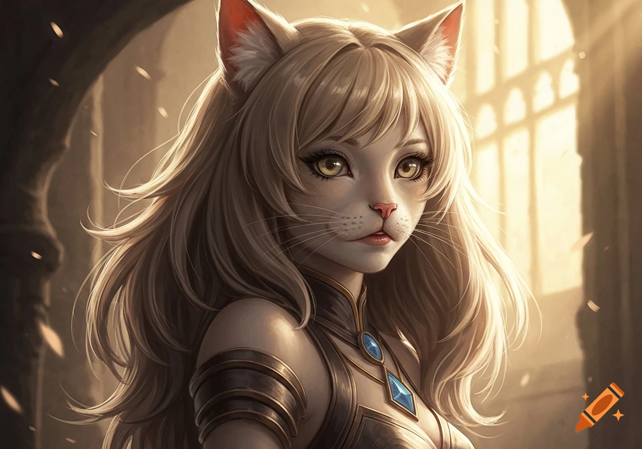 A detailed anime-style portrait of a cat girl with long blonde hair, pointed ears, and a gold-trimmed outfit, in a soft-lit ancient building.
