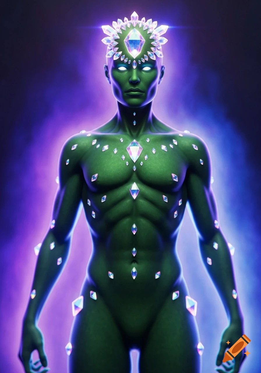 Mystical green humanoid with sparkling crystals, a crystal crown, and a glowing purple-blue aura, in cinematic fantasy style.
