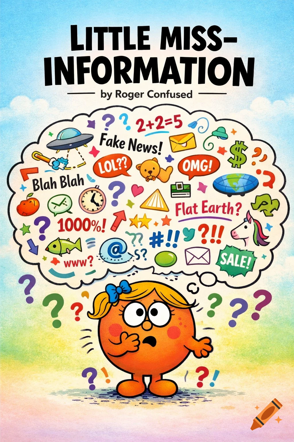 A cartoon book cover featuring an orange Little Miss-style character looking confused under a thought bubble filled with misinformation symbols and text like 'Fake News!' and 'Flat Earth?'