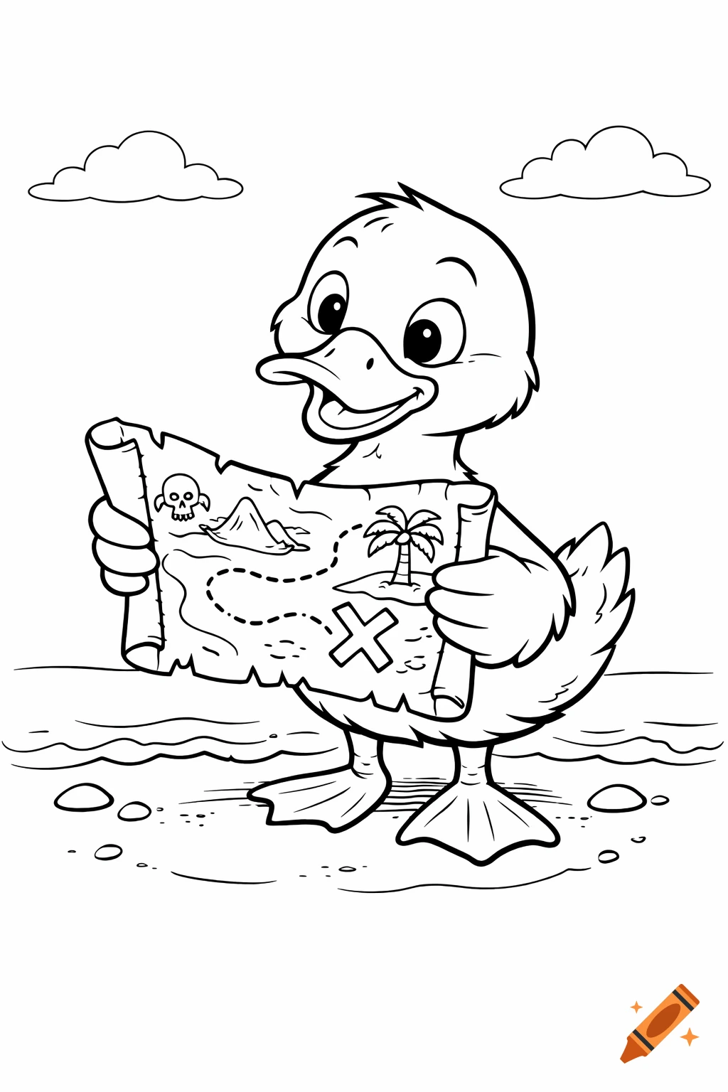 Cartoon duck on a beach holding a treasure map, black and white line art for coloring.