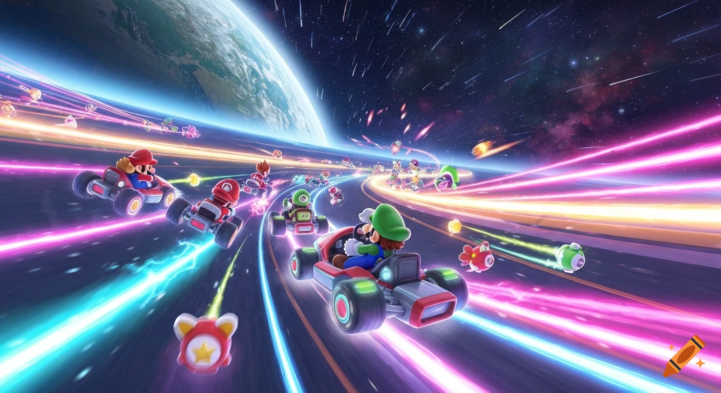 Mario and Luigi race go-karts on a vibrant, neon-lit track in outer space, with Earth visible and shooting stars.