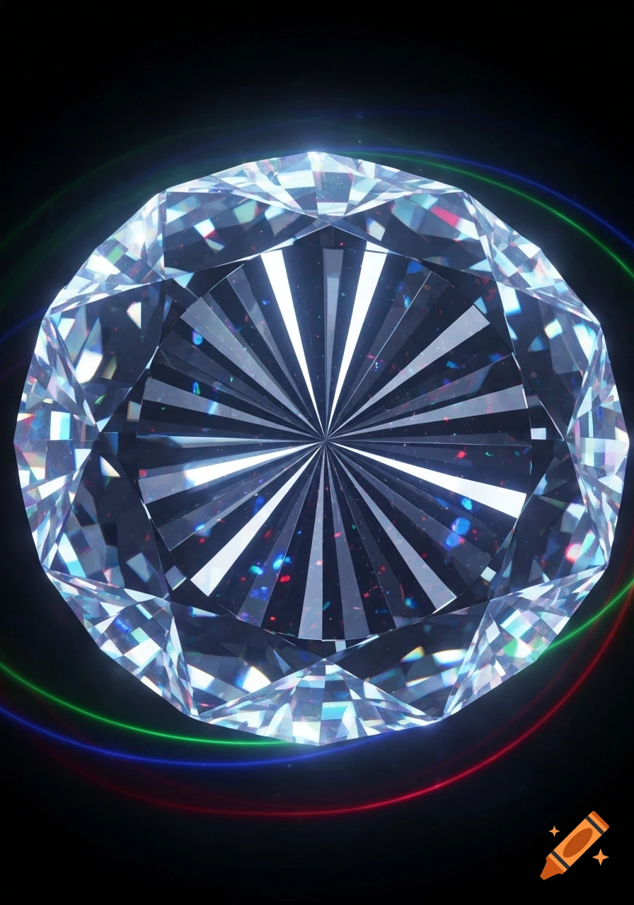 A sparkling, faceted diamond illuminated by glowing red, green, and blue light trails on a dark background.