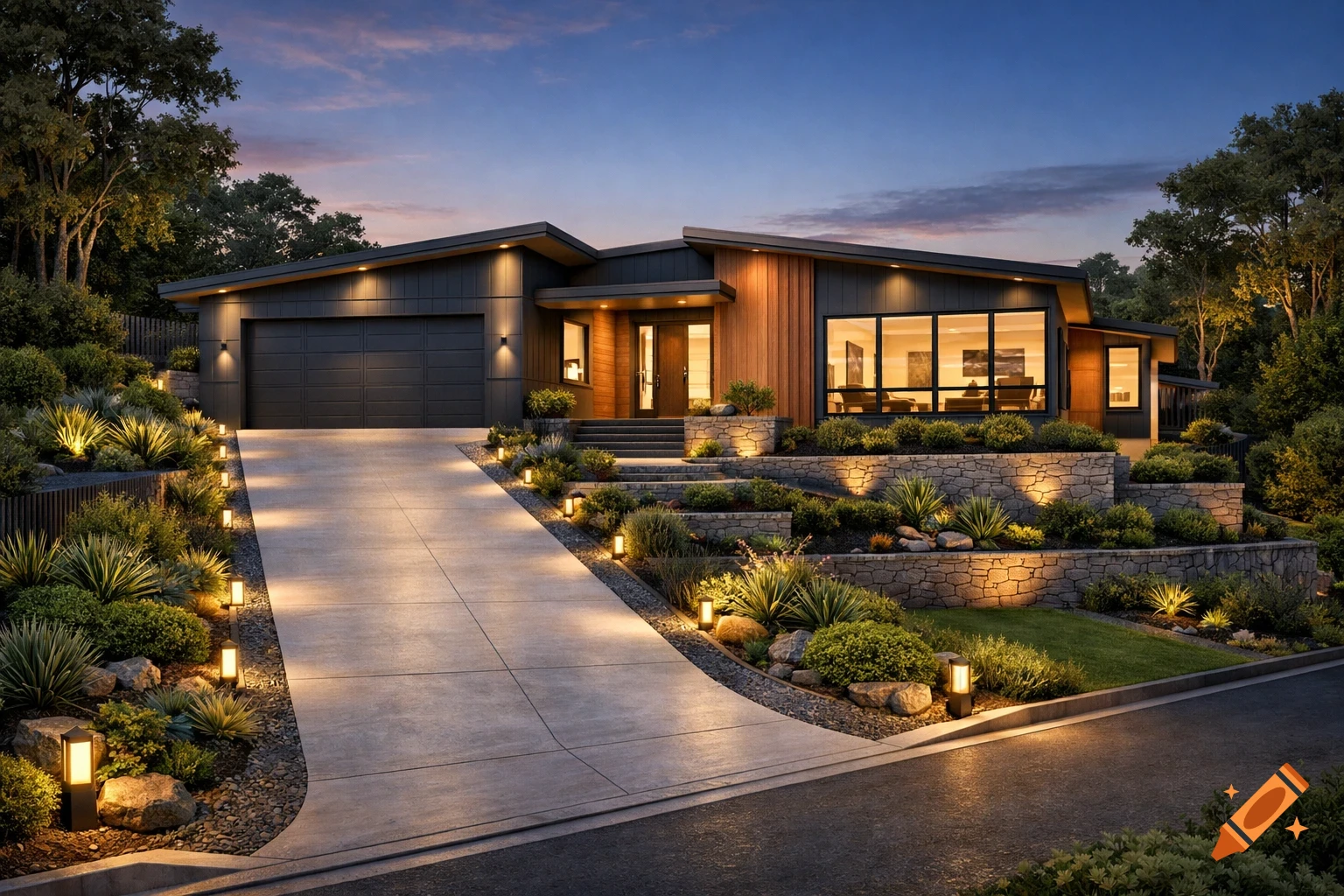 A modern house with dark siding and wood accents, illuminated by warm outdoor lighting at dusk, surrounded by lush landscaping and a concrete driveway.