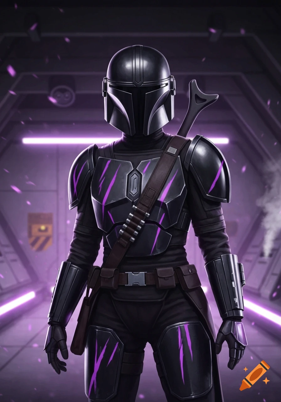 A Mandalorian warrior in black armor with purple claw marks stands in a sci-fi corridor with purple lighting.