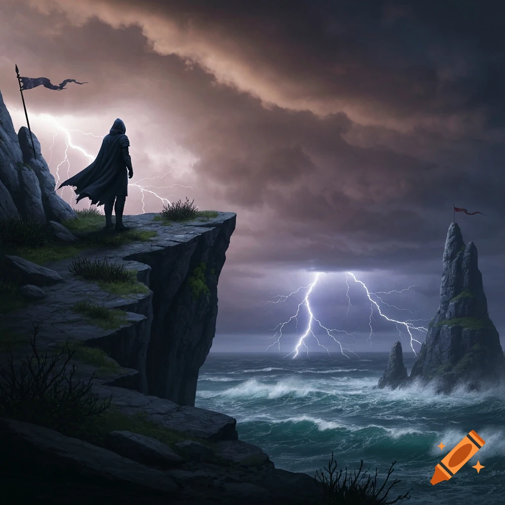 A cloaked figure stands on a rugged cliff, gazing out at a turbulent, lightning-struck sea under a dark, stormy sky.