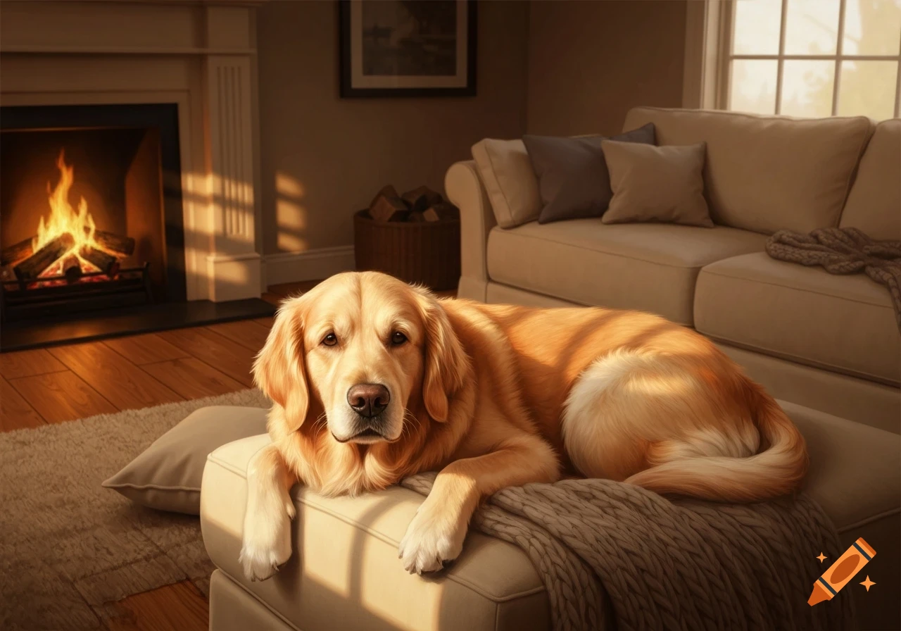 A photorealistic golden retriever lies on a cream sofa in a warm, sunlit living room with a lit fireplace.