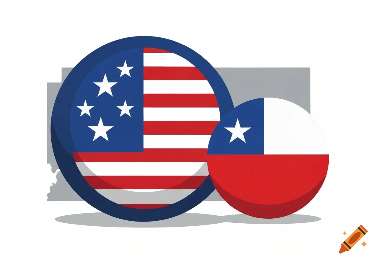 Two circular flags, one representing the USA with red and white stripes and blue field with five white stars, and one representing Chile with a white top, red bottom, and a blue square with a white star on the left.