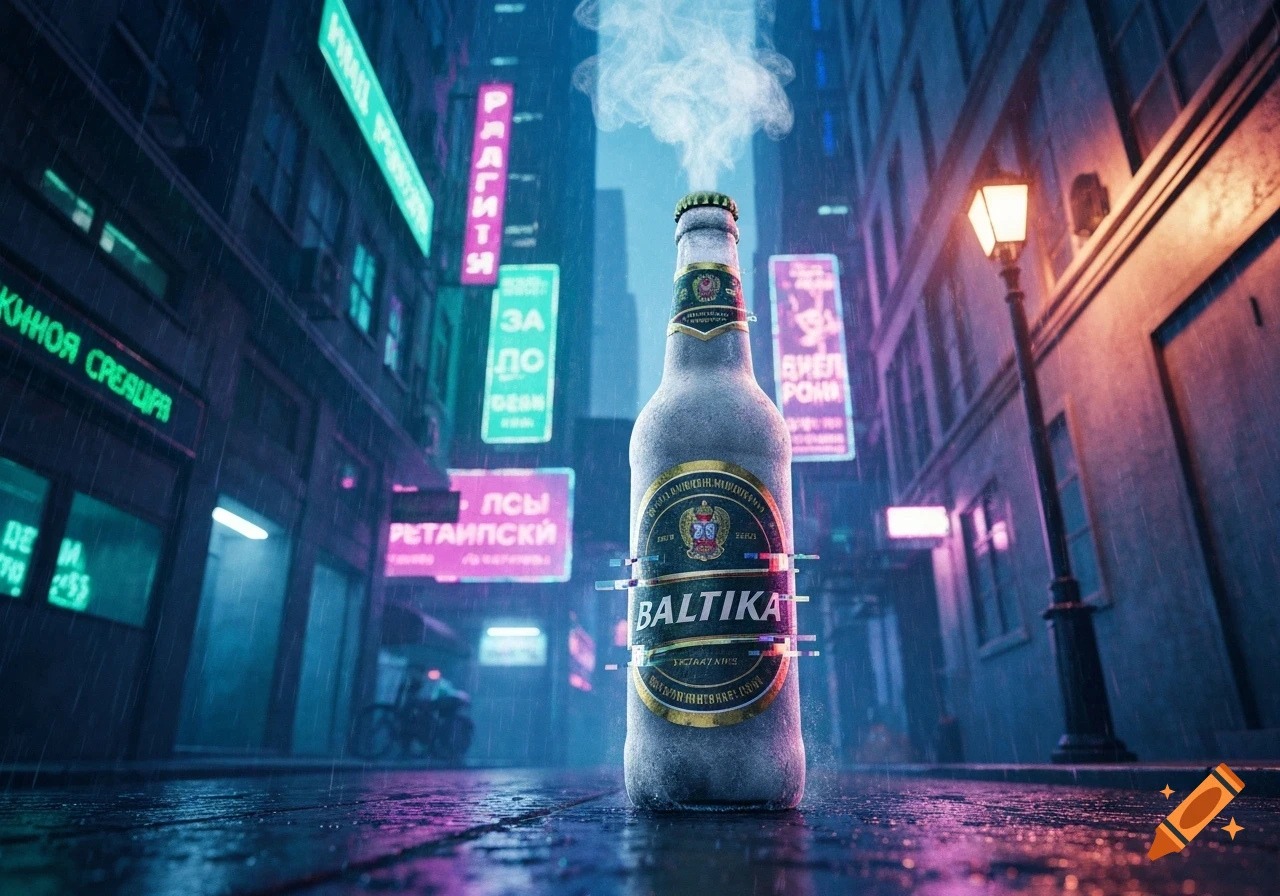 A close-up of a frosty Baltika beer bottle on a wet, neon-lit cyberpunk city street in the rain.