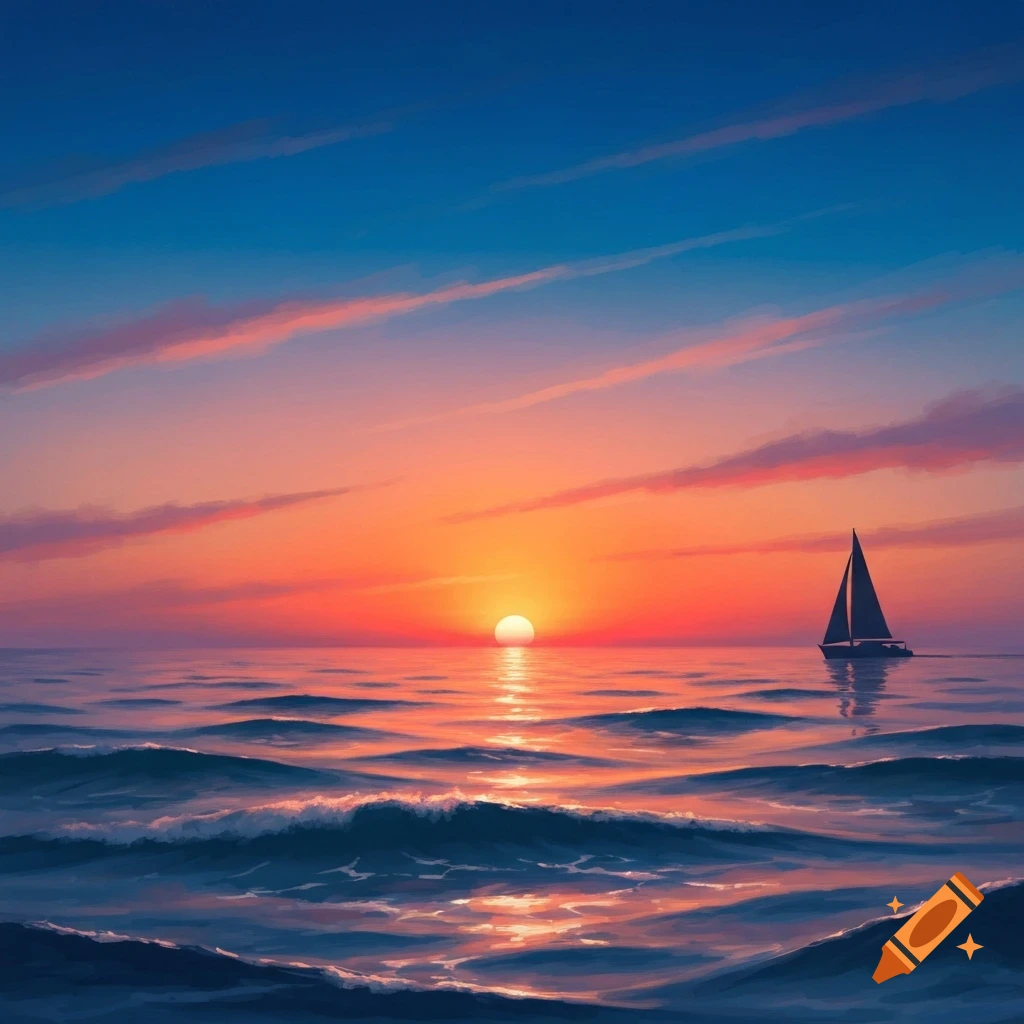 Painting of a vibrant sunset over a wavy ocean, with a sailboat silhouette against an orange and blue sky.