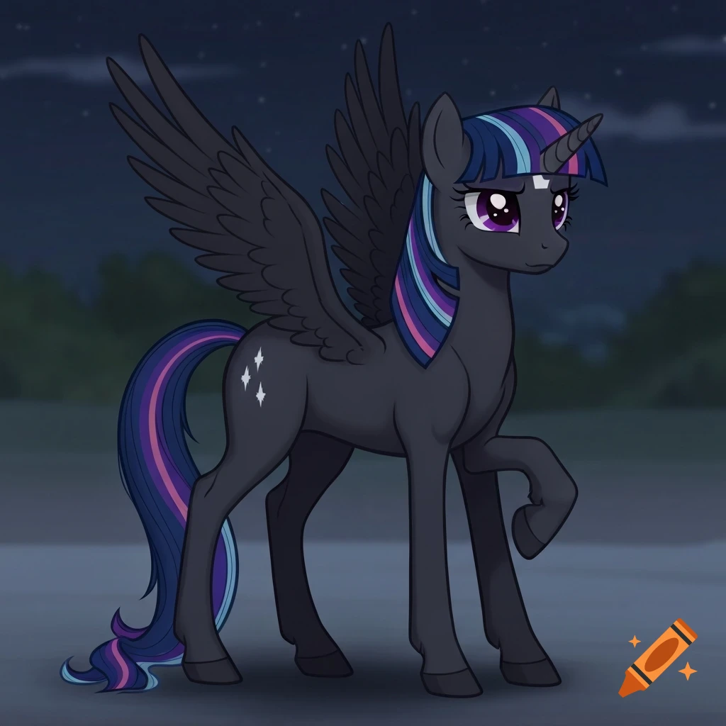 A dark gray Alicorn mare with a purple, pink, and blue striped mane and tail, and three white diamond cutie marks, standing at night under a starry sky in a cartoon style.