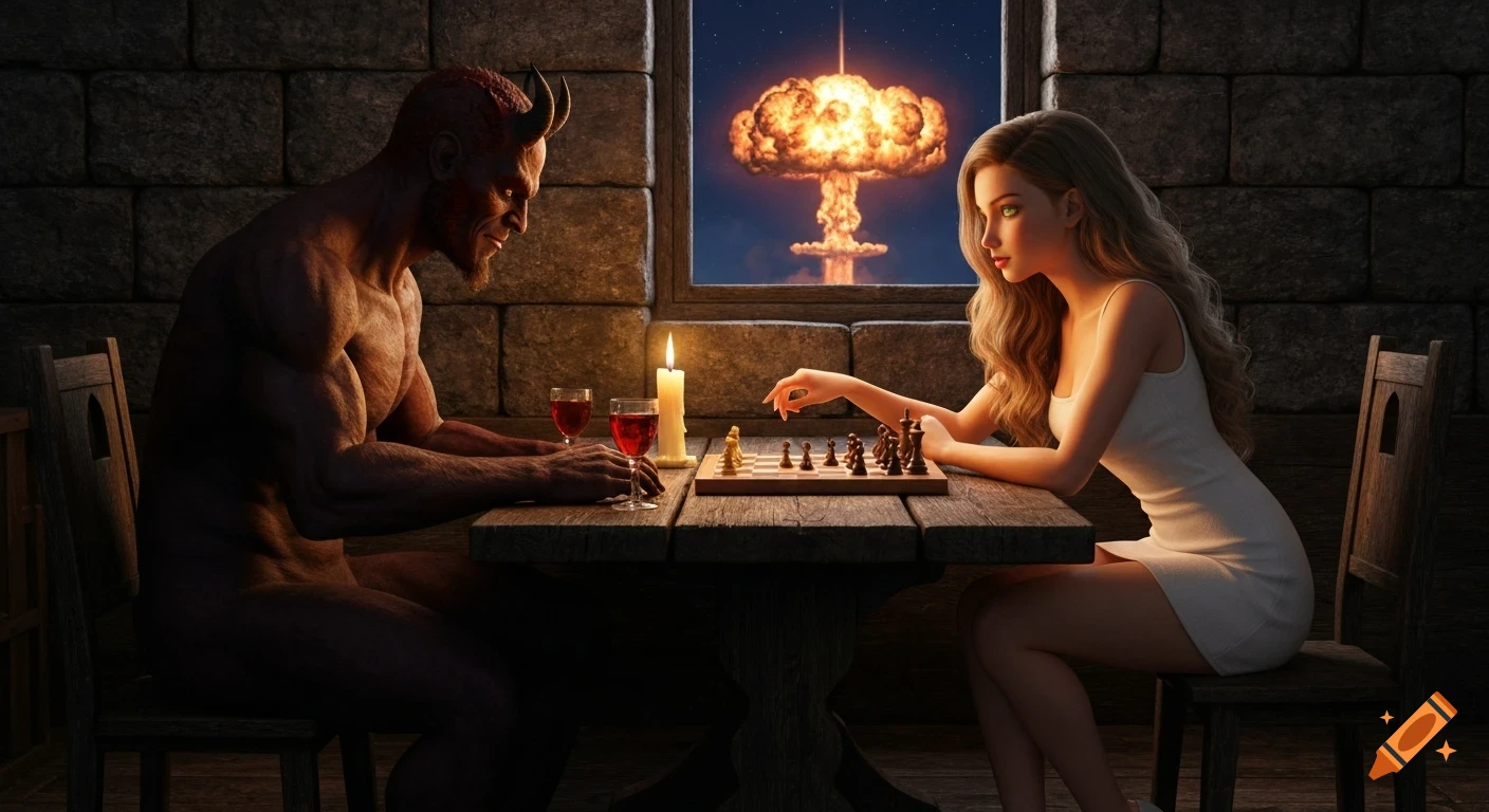 A devil and a woman play chess in a medieval tavern, a nuclear explosion illuminates the night sky through a window.