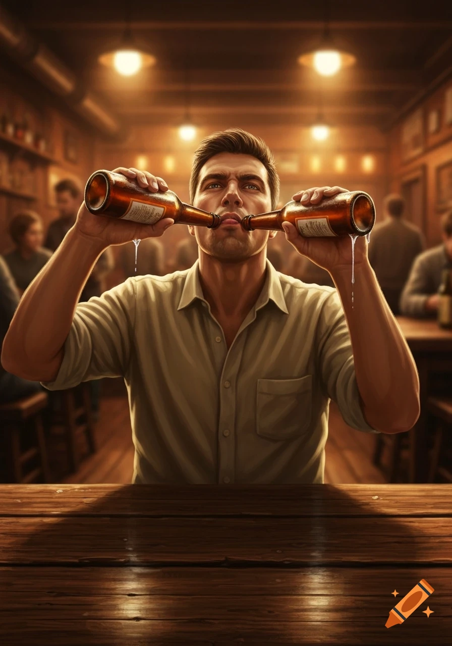 A man in a bar intensely drinks from two beer bottles simultaneously, with liquid dripping.