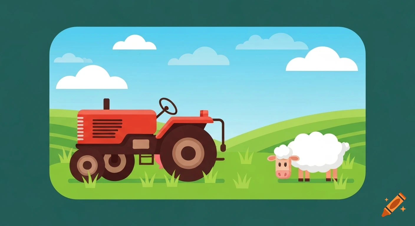 A flat cartoon illustration of a red tractor and a white sheep in a green field under a blue sky with white clouds.