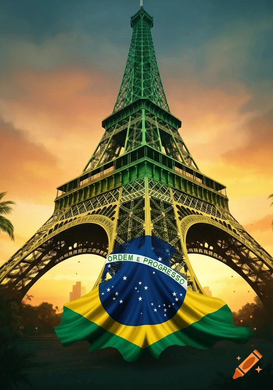 The Eiffel Tower, green and yellow, with a Brazilian flag wrapped around its base against an orange and blue sunset sky.