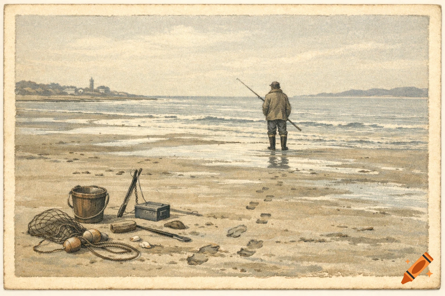 A postcard drawing of a lone fisherman in shallow water on a sandy beach at low tide, with fishing gear nearby.