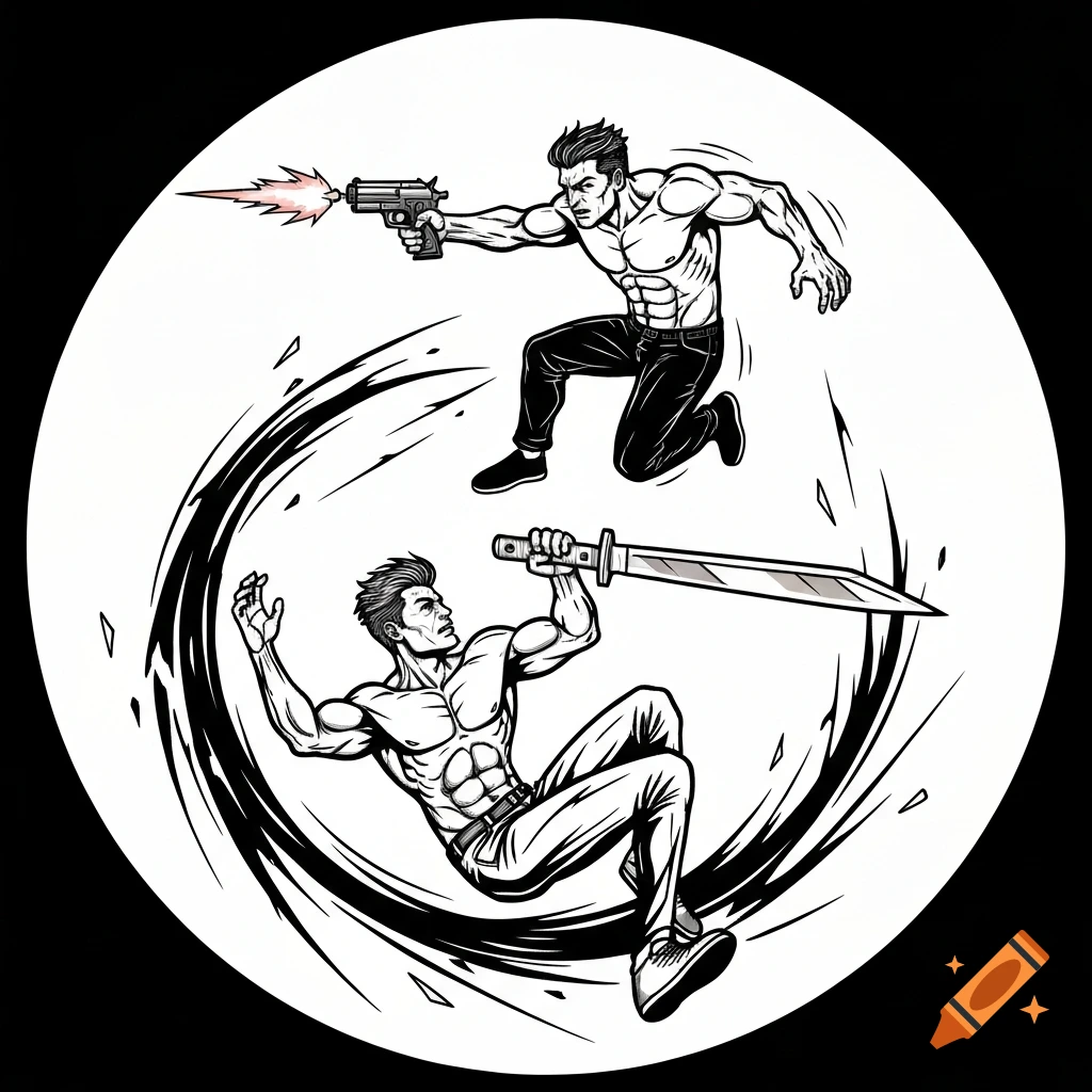 Two muscular men in a dynamic, mid-air combat scene, one shooting a gun and the other wielding a large knife, in a black and white tattoo-style illustration within a circle.