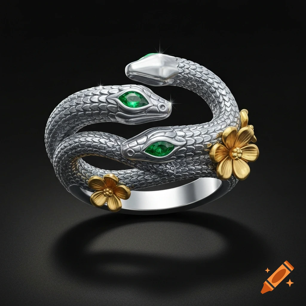 Silver ring with two intertwined snakes, featuring green emerald eyes and golden flowers on a dark background.