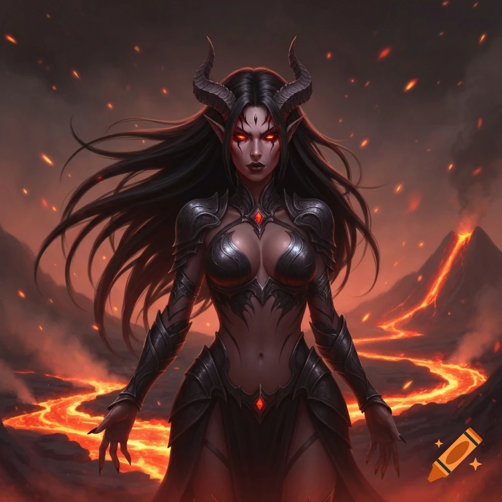 A dark fantasy illustration of a female demon with horns, glowing red eyes, and black armor standing in a volcanic, fiery landscape.