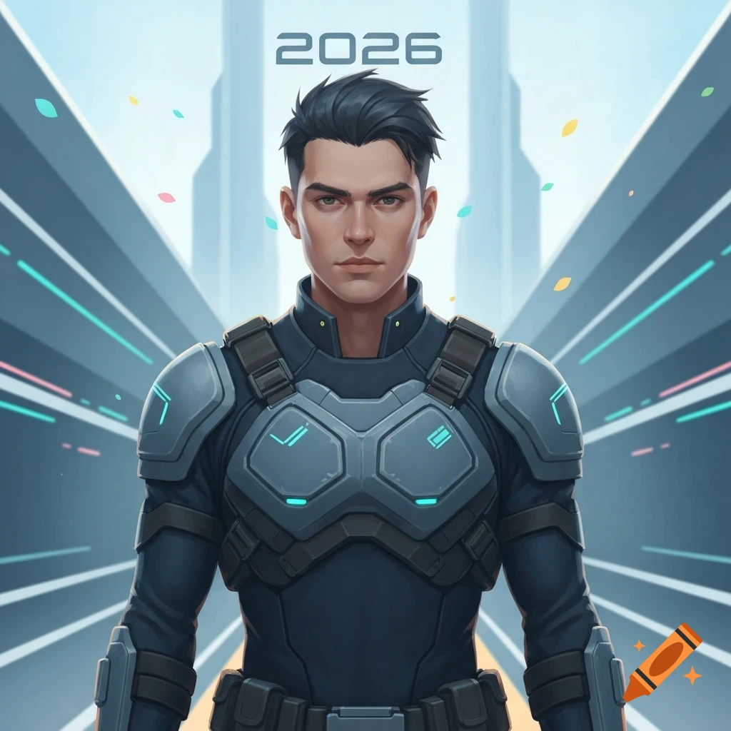 Illustration of a man in dark futuristic armor standing against a sci-fi city background with the text '2026' above him.