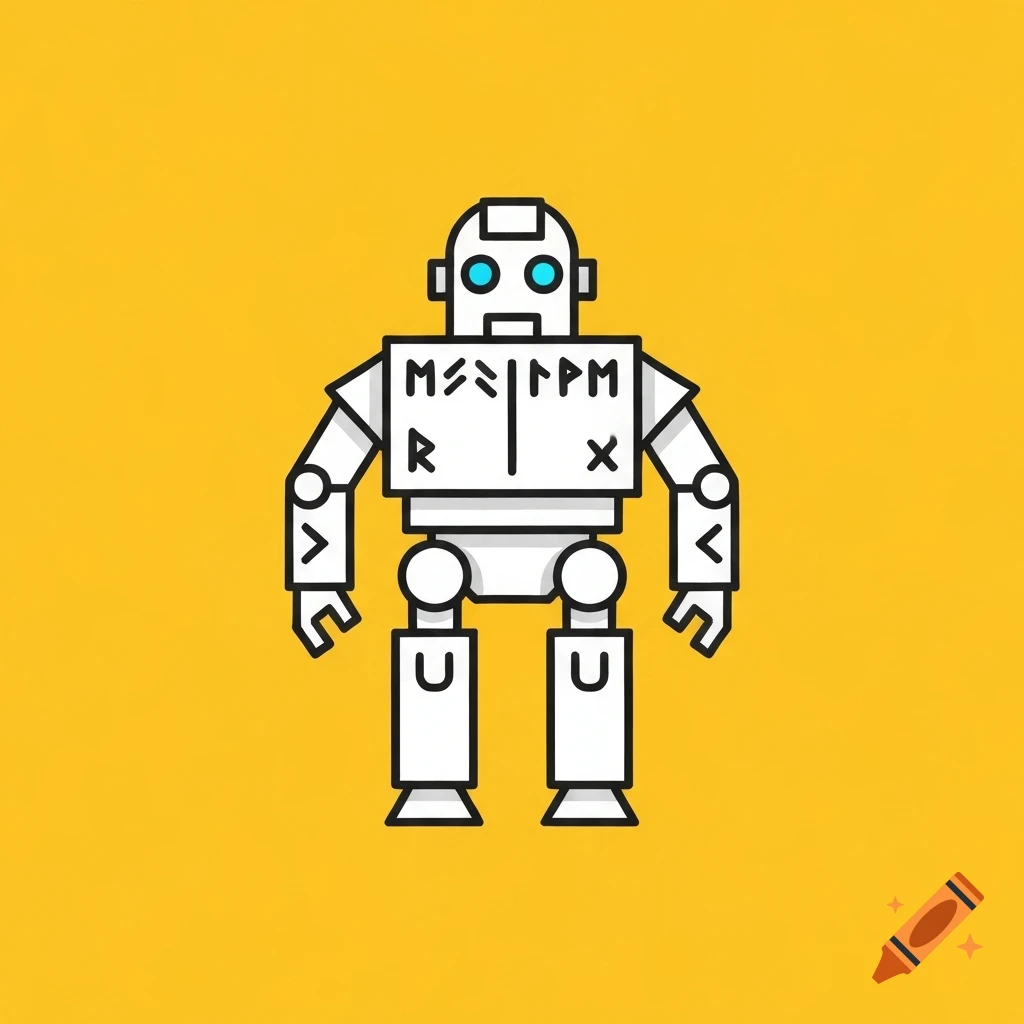 A white, minimalist robot icon with blue eyes and ancient Germanic-style symbols on its chest, set against a solid yellow background.