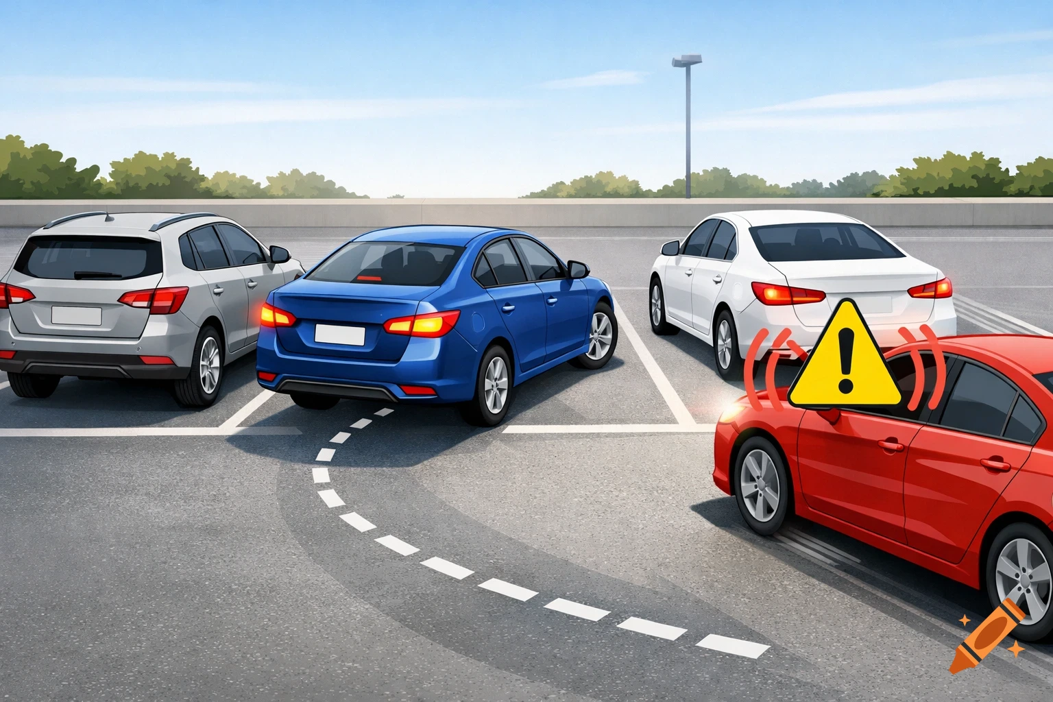 An illustration of a red car backing out of a parking spot, triggering a warning symbol as another white car approaches.